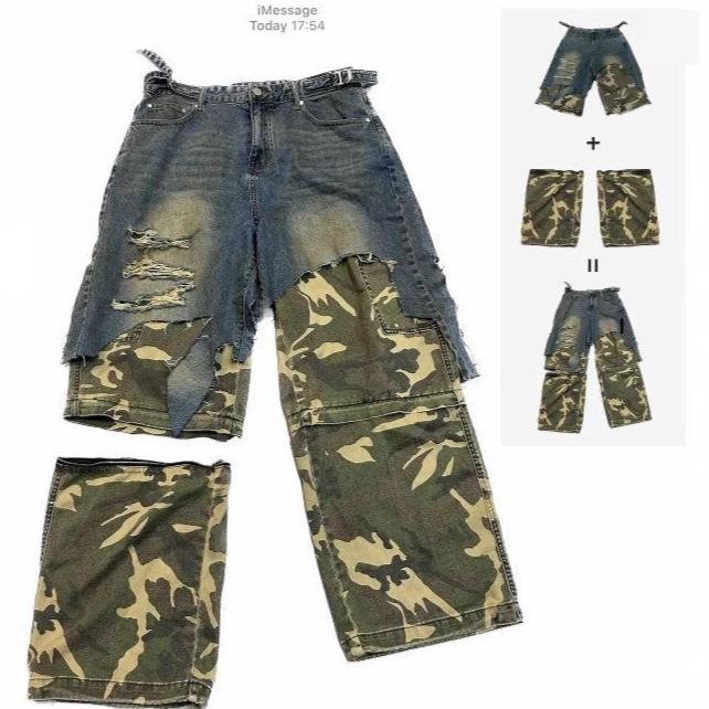 Men's Clothing Washed Distressed Holes Two Piece Camouflage Denim Stitching Detachable Trousers Cropped Trousers_viptrois.com