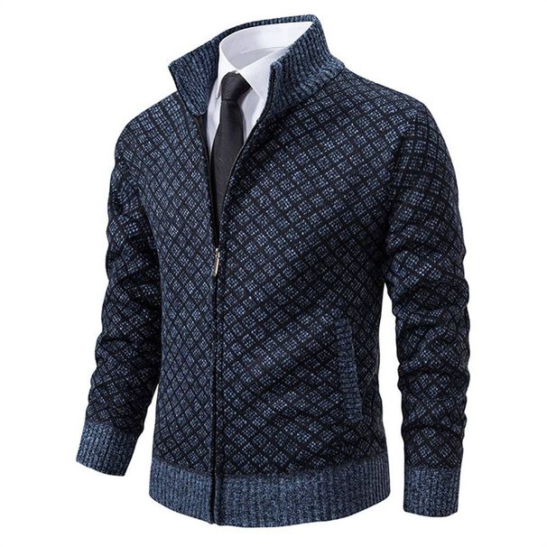 2025 High Quality Fashion Kniting Outerwear Knitwear Men's Stand Collar Plaid Splicing Long Sleeve Casual Slim Zipper Jacket M-3XL_viptrois.com