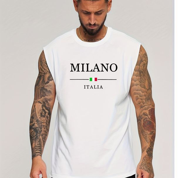100% Pure Cotton Men's Summer Casual Sports Fitness Loose MILANO ITALIA Pattern Printed Breathable Round Neck Sleeveless Vest_viptrois.com