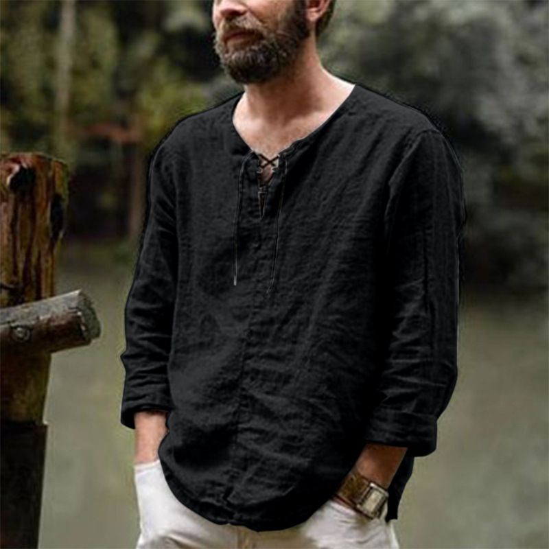 Men's Clothing Long Sleeved Shirt T Shirt Solid Color Solid Color Cotton And Linen Top T Shirt_viptrois.com