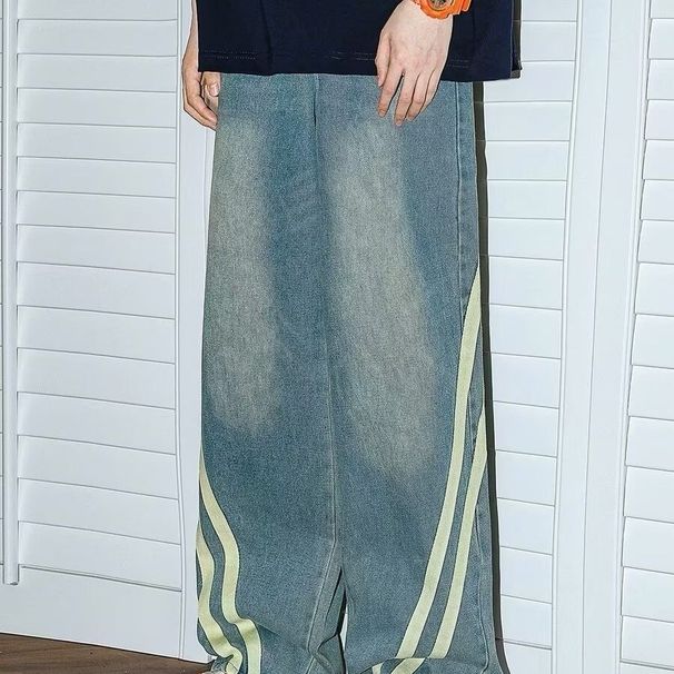 American Retro Washed Striped High Street Splicing Jeans Loose Straight Pants Couple Versatile Casual Trousers_viptrois.com