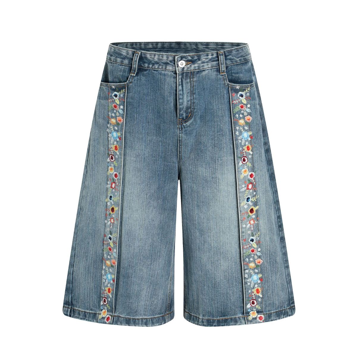 Men's Clothing Washed Retro Blue Color Print Design Men's Loose Straight Five Point Denim Shorts_viptrois.com