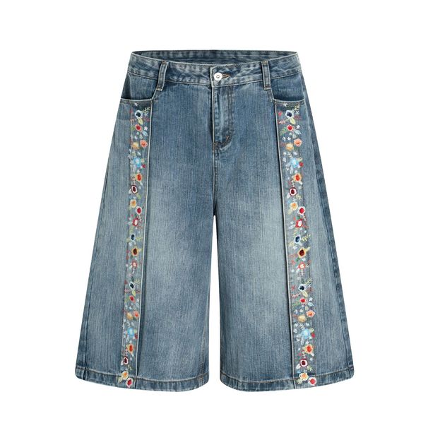 Men's Clothing Washed Retro Blue Color Print Design Men's Loose Straight Five Point Denim Shorts_viptrois.com
