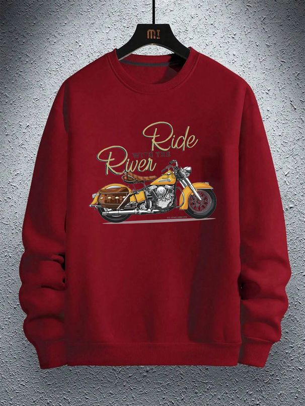 Men's Loose Casual Fashionable Retro Motorcycle Pattern Printed Round Neck Long Sleeved Sweatshirt For Autumn And Winter_viptrois.com