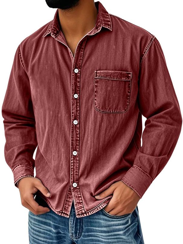 Men's Vintage Washed Cotton Shirt – Distressed Collar & Chest Pocket, Breathable Long Sleeve (S-XXXXL, Classic Solid Colors)_viptrois.com