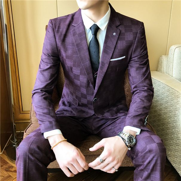 Men's Clothing plaid suit three piece wedding suit dress_viptrois.com