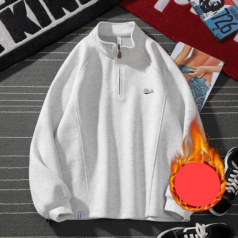 Heavyweight Half-Zip Fleece Hoodie – Unisex Oversized Pullover With Stand Collar (M-3XL, Dark Grey/Light Grey)_viptrois.com