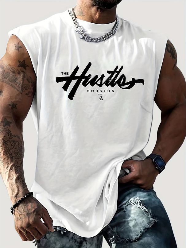 100% Pure Cotton Men's Summer Casual Sports Fitness Loose Houston Letter Pattern Printed Breathable Round Neck Sleeveless Vest_viptrois.com