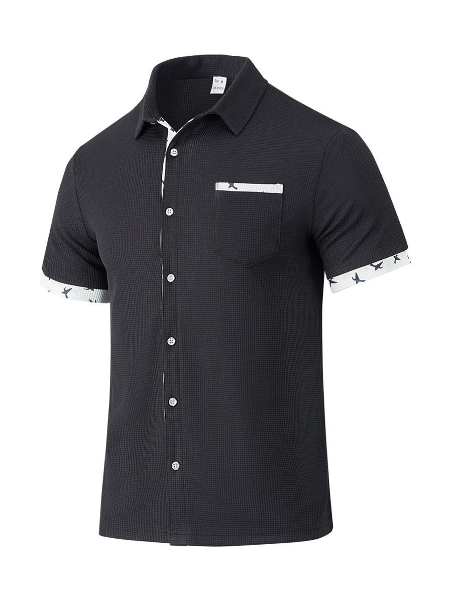 Men's Clothing Hot Selling American Men's Cardigan Shirt Summer Casual Lapel Print Button Waffle Short Sleeve_viptrois.com