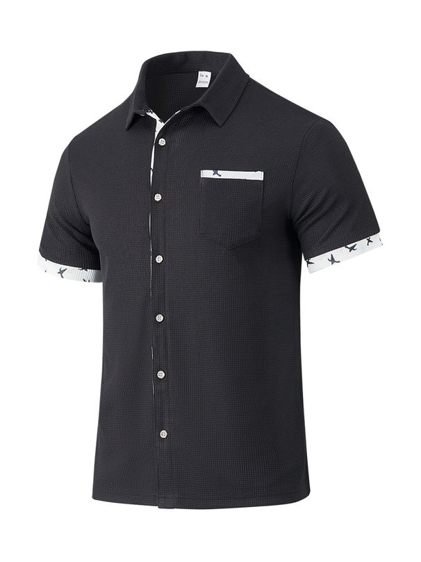 Men's Clothing Hot Selling American Men's Cardigan Shirt Summer Casual Lapel Print Button Waffle Short Sleeve_viptrois.com