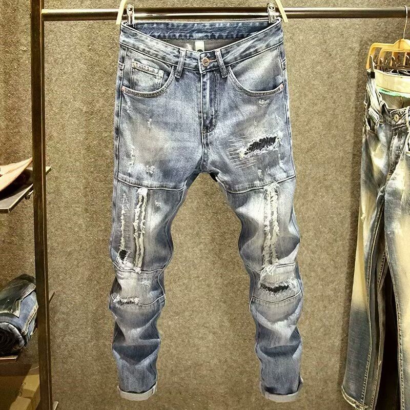 Splicing Ripped Jeans Men's Slim-fitting Small Straight Pants Patch Ripped Holes And Scratched Edges_viptrois.com