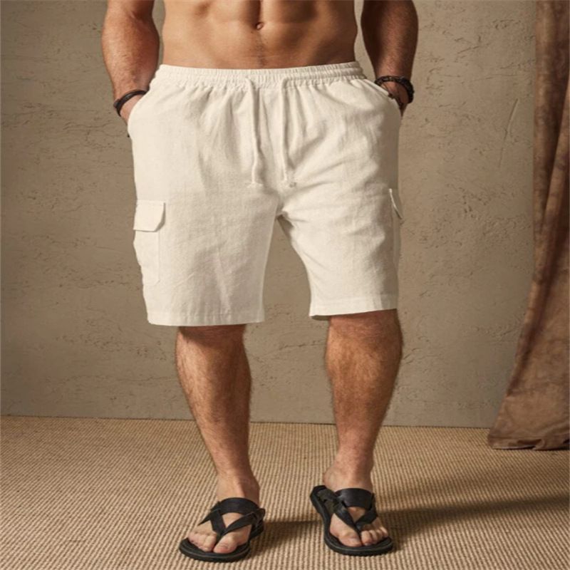 Men's Multi-Pocket Cargo Shorts - Linen-Cotton Blend Drawstring Waist Casual Outdoor Shorts For Summer_viptrois.com