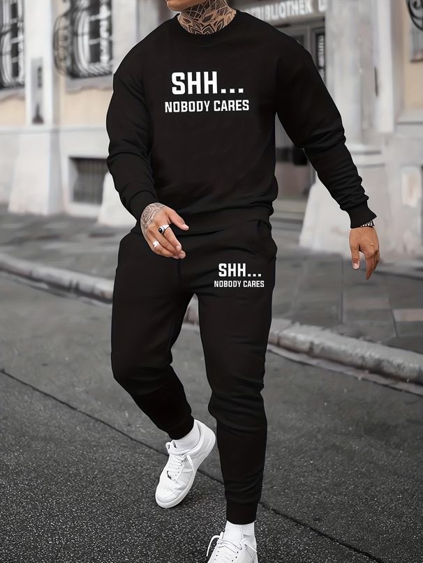 Men's Autumn And Winter Casual Warm Stay Focused Letter Print Loose Thick Velvet Round Neck Sports Shirt+sports Pants Set_viptrois.com