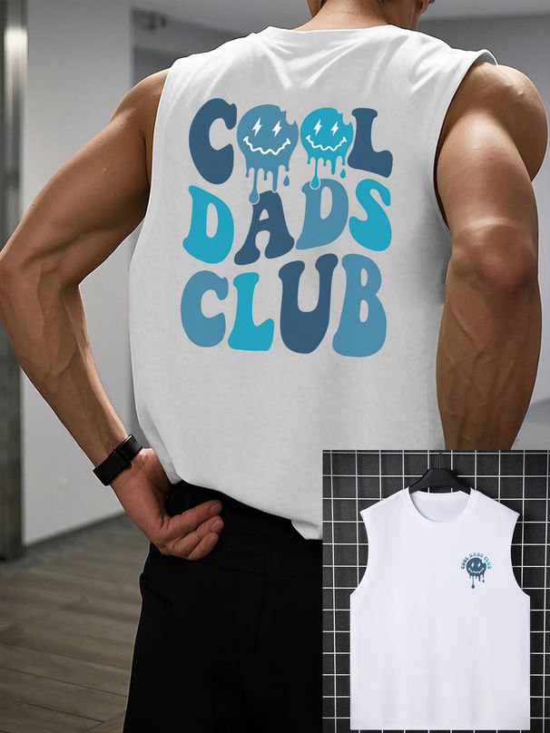100% Pure Cotton Men's Summer Casual Sports Fitness Loose COOL DADS CLUB Printed Breathable Round Neck Sleeveless Vest_viptrois.com