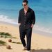 New Linen Autumn Men's Suit - Beach Casual Loose Collar Shirt, Long Sleeves, Long Pants Set For Men_viptrois.com