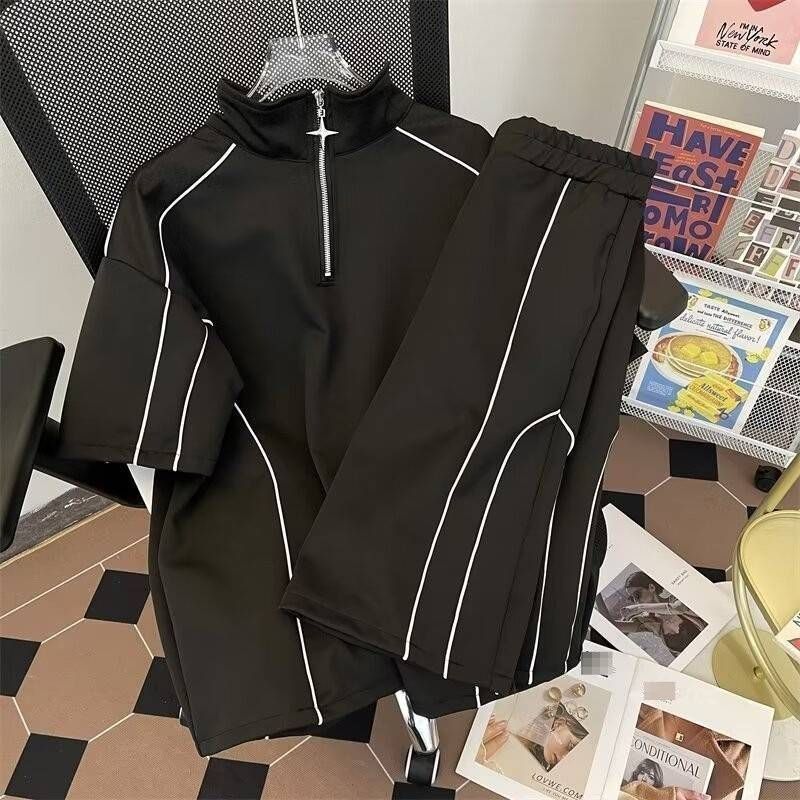 Men's Summer Handsome Casual Sports Suit Korean Loose Fit Half Zip T-Shirt And Shorts Two-Piece Set_viptrois.com