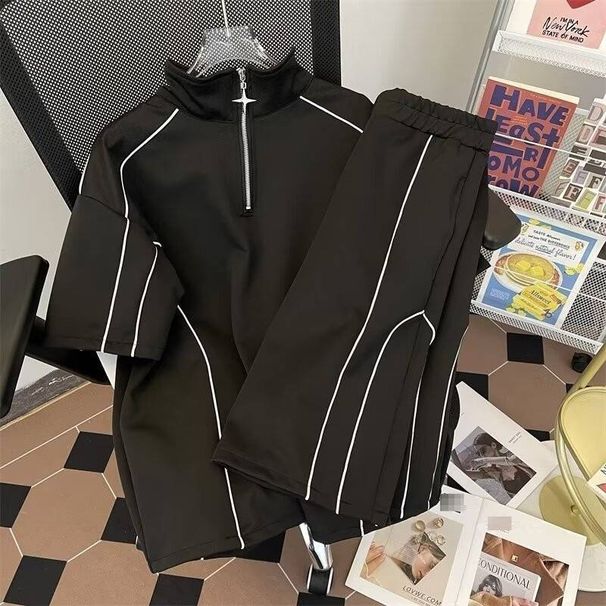 Men's Summer Handsome Casual Sports Suit Korean Loose Fit Half Zip T-Shirt And Shorts Two-Piece Set_viptrois.com