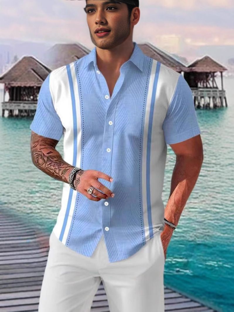 Men's Clothing Thin Breathable Beach Leisure Printed Striped Short Sleeved Shirt_viptrois.com