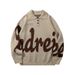 Vintage Lettering Jacquard Knit Sweater – Unisex Oversized Crewneck Pullover For Men & Women, Soft Yarn Long Sleeve Casual Fall/Winter Top_viptrois.com