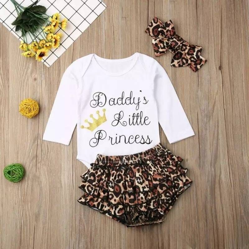 Kid's Clothing Spring And Autumn New Products Children's Baby Long Sleeved Romper + Leopard Print Shorts + Headdress Set_viptrois.com