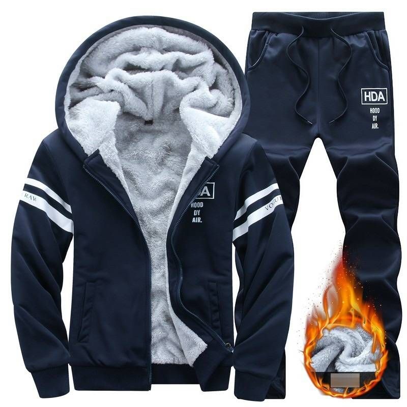 Men's Fleece-Lined Winter Set | Hooded Sweatshirt & Joggers | Thermal Polyester | Streetwear Essentials (Gray/Black/Navy Blue)_viptrois.com