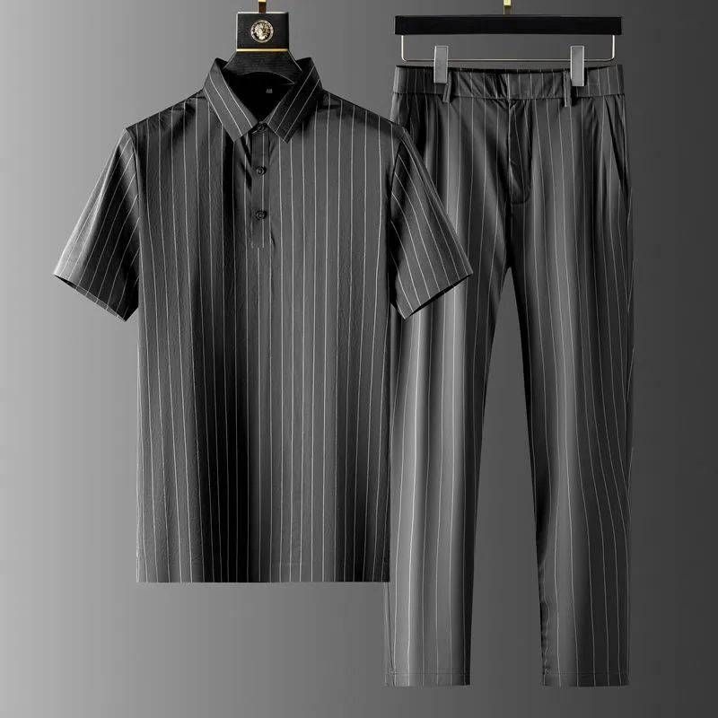 Men's Clothing Light Luxury Business Casual Ice Silk Suit Summer Casual Short Sleeved Thin Striped Two Piece Suit_viptrois.com