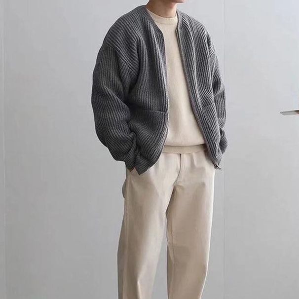 Men's Oversized Knit Cardigan, Solid Color Casual Long Sleeve Sweater For Autumn & Winter, Trendy Loose Fit Loungewear_viptrois.com