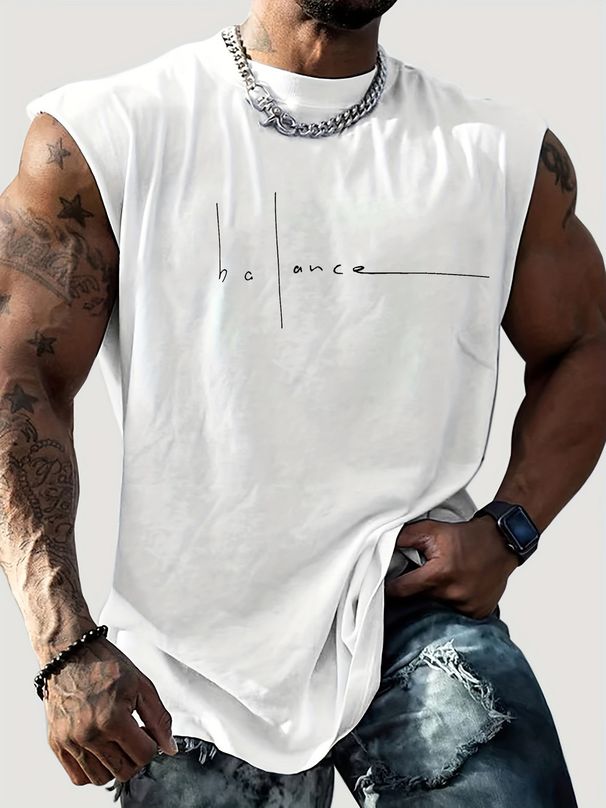 100% Pure Cotton Men's Summer Casual Sports Fitness Loose Trend Balance Letter Printed Breathable Round Neck Sleeveless Vest_viptrois.com