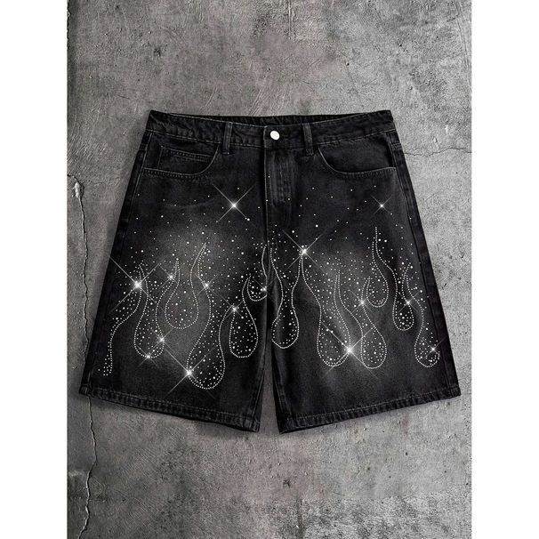 Men's Trendy Rhinestone Denim Shorts High Street Loose Five Point Pants_viptrois.com