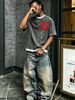 230g Vintage Washed Men T-Shirt Red Intertwined Double A Heart Shaped Monogram Print Short Sleeve Crew Neck Streetwear Top_viptrois.com