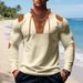 Men's Waffle-Knit Pullover Long Sleeve T-Shirt – Casual Stand Collar With Drawstring Detail_viptrois.com