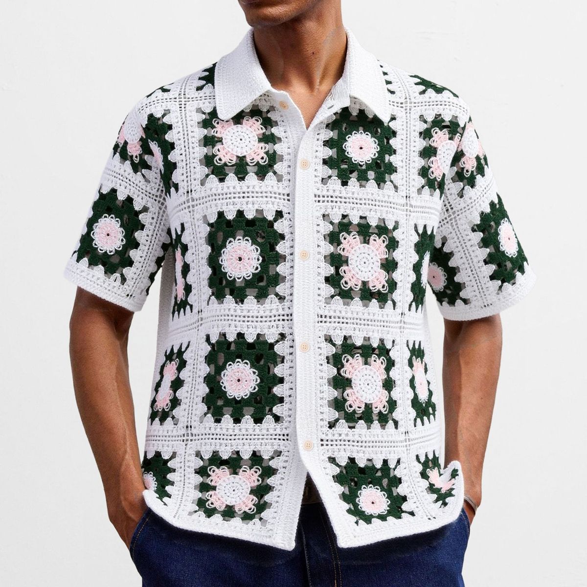 Men's Clothing Retro Crochet Sweater Casual Versatile Hollow Short Sleeved Knitted Shirt_viptrois.com