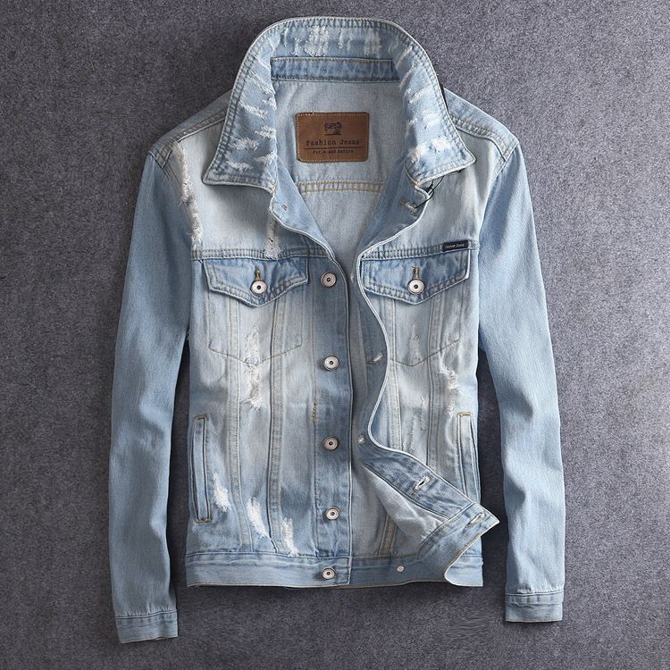 Men's Clothing One Piece Drop Shipping Autumn New Men's Retro Denim Jacket Light Color Hole Slim Fit Clothes Korean Style Denim Jacket_viptrois.com