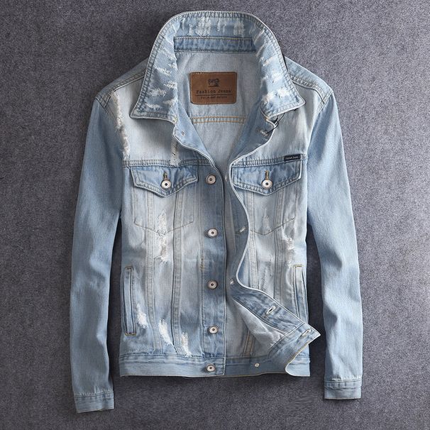 Men's Clothing One Piece Drop Shipping Autumn New Men's Retro Denim Jacket Light Color Hole Slim Fit Clothes Korean Style Denim Jacket_viptrois.com