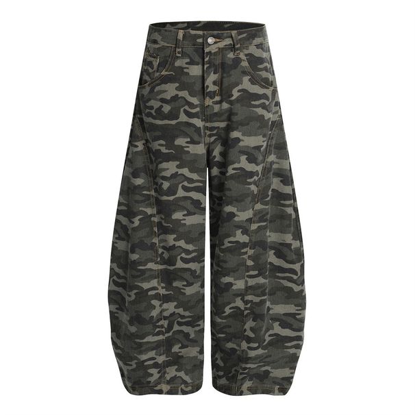 Trendy American Workwear Denim Camouflage Men's Loose Fit Silhouette Scythe Pants Deconstructed Design Wide-Leg Trousers_viptrois.com