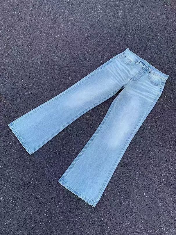 Men's Clothing New Ice Blue Cream Color Flared Trousers High Street Loose Wide Leg Washed Vintage Jeans Men_viptrois.com