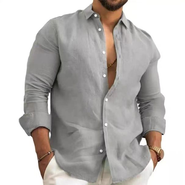 Men's Clothing Men's Cotton And Linen Shirts Men's Youth Casual Solid Color Lapel Long Sleeved Shirt Jacket_viptrois.com