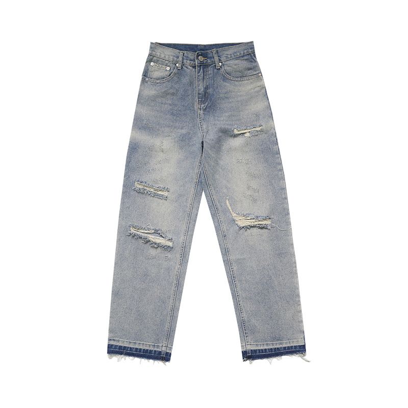 Men's Clothing Cleanfit Versatile Basic Washed Hem Damaged Worn Out Casual Straight Ripped Jeans Men_viptrois.com