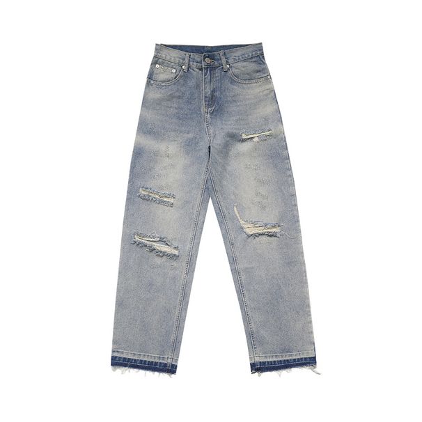 Men's Clothing Cleanfit Versatile Basic Washed Hem Damaged Worn Out Casual Straight Ripped Jeans Men_viptrois.com