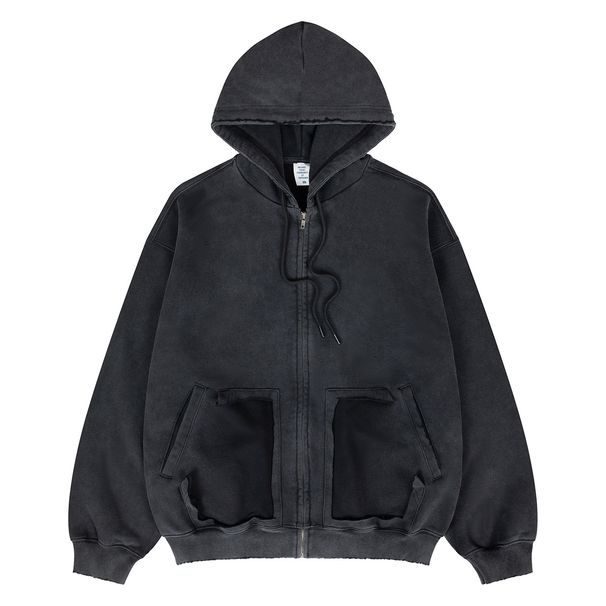 Autumn Winter New Paris Plain Washed Vintage Cardigan Fleece-Lined Hooded Sweatshirt_viptrois.com