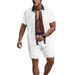 Men's Casual Versatile Lapel Button Down Color Matching Shirt Short Sleeved Shorts Suit_viptrois.com