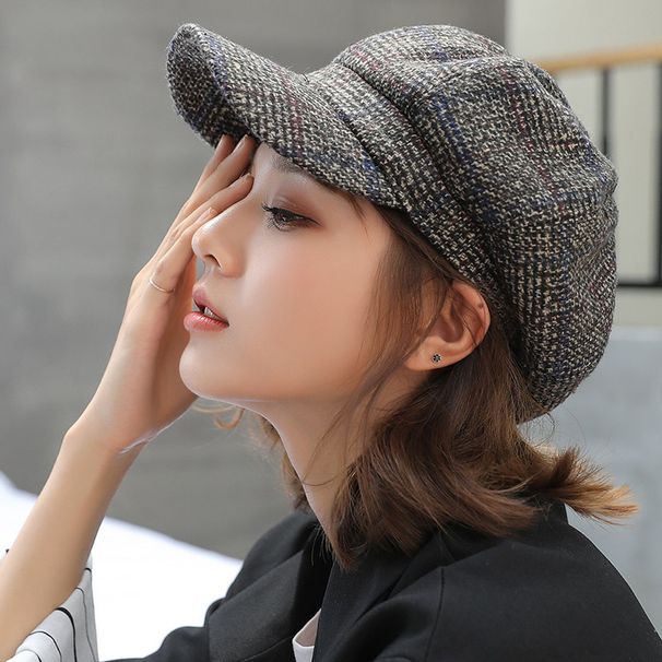 Autumn Winter New Elegant Large Head Circumference Plaid Woolen Octagonal Hat Beret British Style Hot Sale_viptrois.com