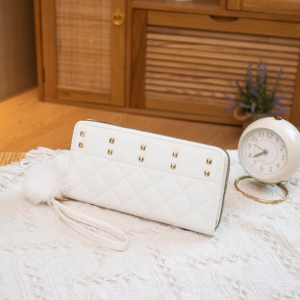 Women's New Diamond Quilted Wallet - Long RFID Blocking Card Holder With Pom Pom & Studs (Crossbody Purse For Women)_viptrois.com