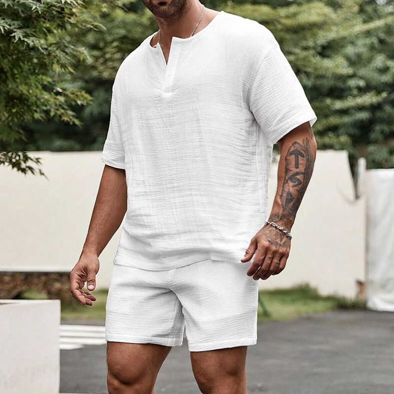 Men's Clothing Suits Summer Loose Casual Solid Color V Neck Short Sleeved Shirt Shorts Two Piece Suit_viptrois.com