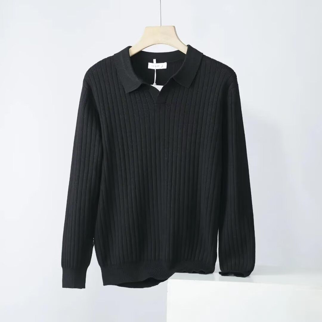 Men's Retro Solid Color Polo Collar Knit Sweater – Slim Fit Autumn Base Layer (Black/Brown/Army Green) – Sizes M To 3XL_viptrois.com