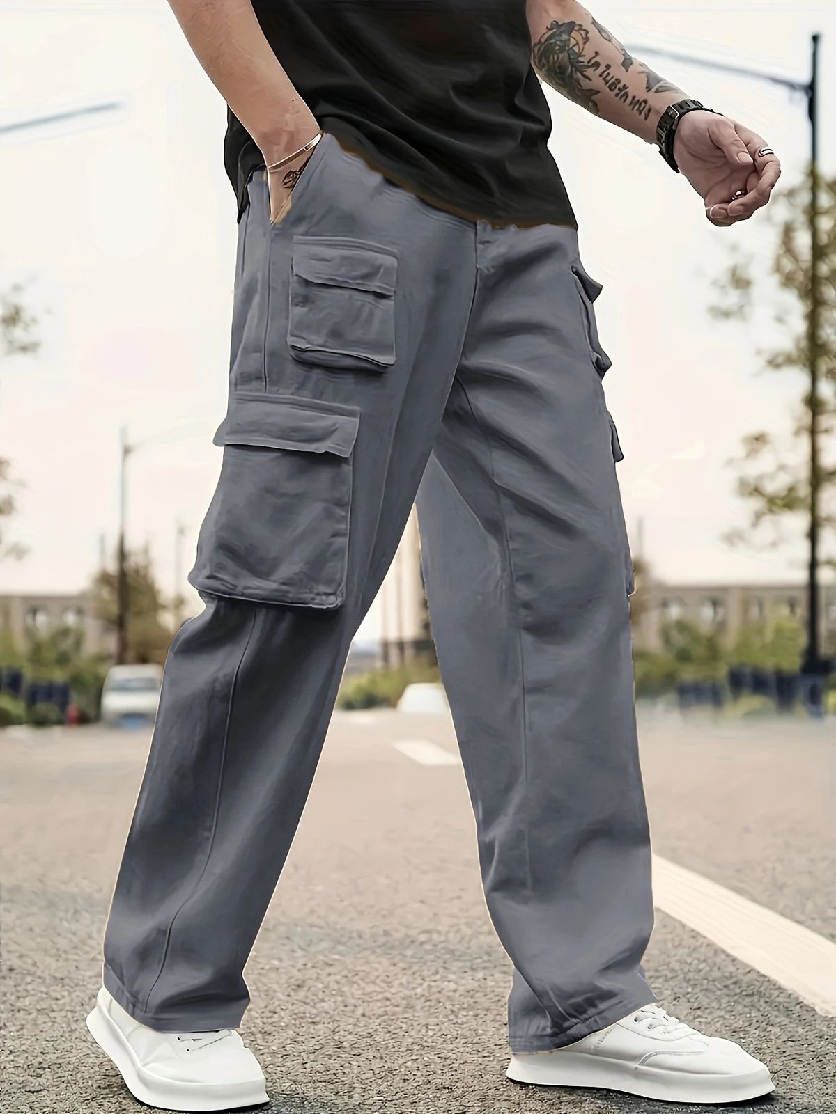 Cross Border European Size Hot Selling Overalls Spring And Autumn Multi Pocket Loose Large Size Sports Casual Straight Wide Leg Trousers Pants_viptrois.com