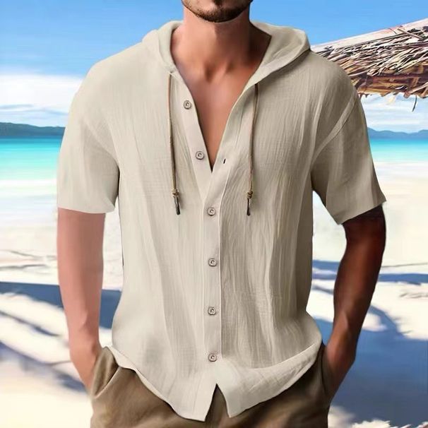 Men's Casual Hooded Shirt – 100% Cotton Breathable Short-Sleeve Beach Top With Sporty Stitching (S-XXXL, 8 Classic Colors)_viptrois.com