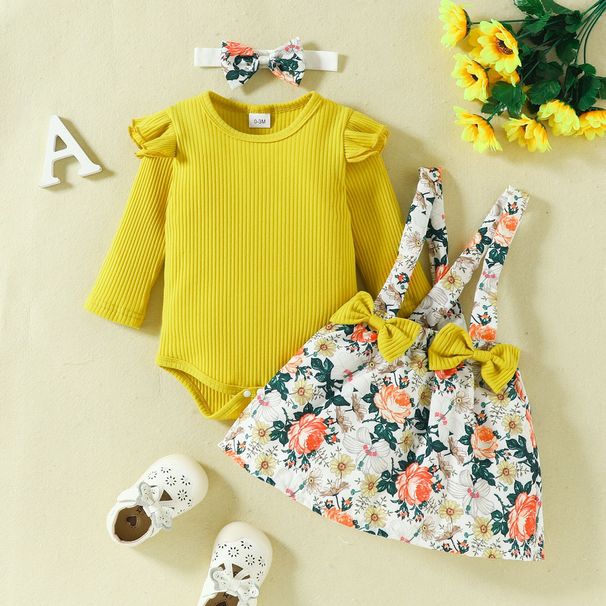 Babies' Clothes Autumn And Winter Baby Suspender Skirt Suit Baby Long-sleeved Romper Flower Bow Suspender Skirt_viptrois.com