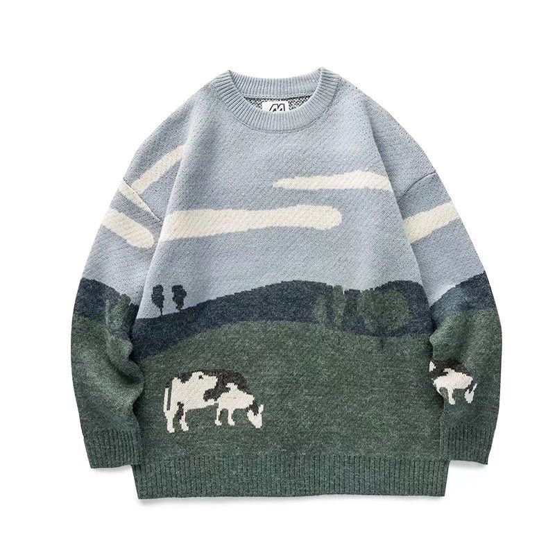 Cow Color Blocked Sweater Men's Autumn And Winter Round Neck Knitted Sweater Sweater Sweater Jacket_viptrois.com