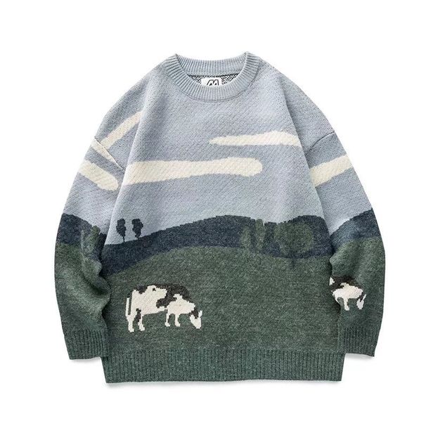 Cow Color Blocked Sweater Men's Autumn And Winter Round Neck Knitted Sweater Sweater Sweater Jacket_viptrois.com